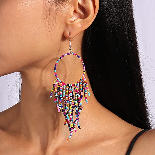 BOGZON Tribal Dangle Fringe Tassel Bead & Hoop Earrings Native American Style by BOGZON (Multi Color) - Image 2