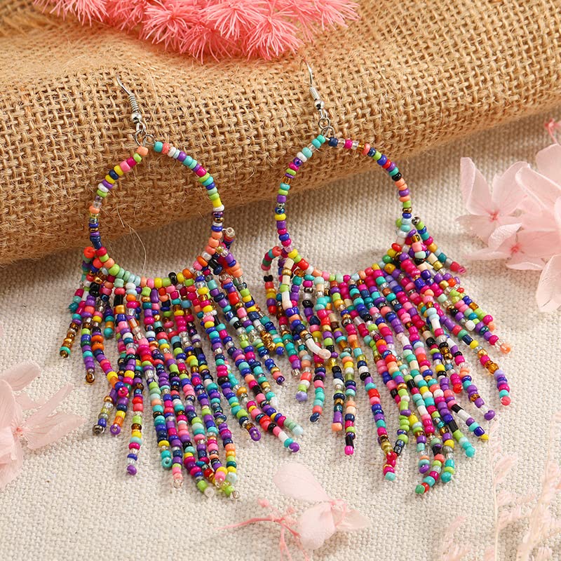 BOGZON Tribal Dangle Fringe Tassel Bead & Hoop Earrings Native American Style by BOGZON (Multi Color) - Image 3