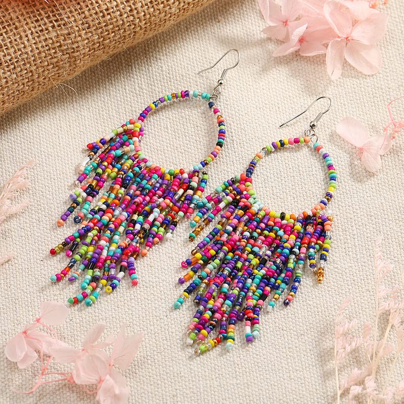 BOGZON Tribal Dangle Fringe Tassel Bead & Hoop Earrings Native American Style by BOGZON (Multi Color) - Image 4