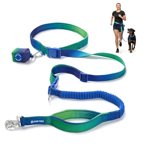 Spark Paws Handsfree Dog Leash Shock Absorbing Waist Bungee Lead with 2 Padded Handles Car Seatbelt Clip Poop Bag Set Heavy Duty Tactical Lead for Medium Large XLarge Breeds Lime Wave - Image 1