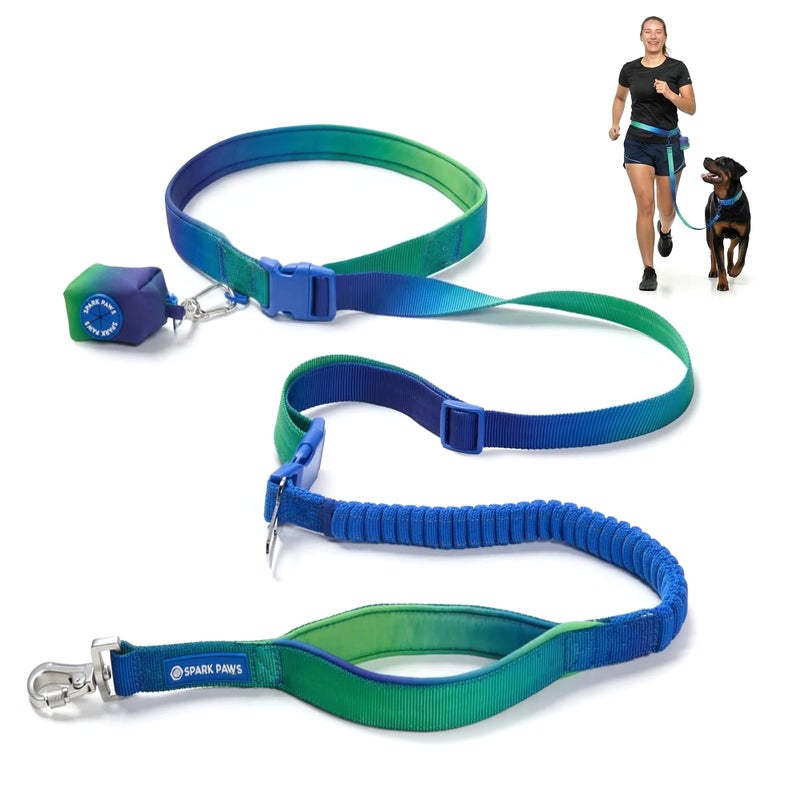 Spark Paws Handsfree Dog Leash Shock Absorbing Waist Bungee Lead with 2 Padded Handles Car Seatbelt Clip Poop Bag Set Heavy Duty Tactical Lead for Medium Large XLarge Breeds Lime Wave - Image 2