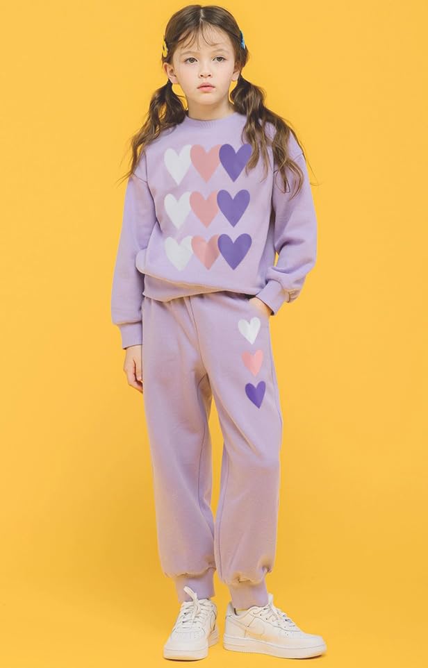 Retsugo Little Girls Heart Outfit Kids Clothes Set Heart Print Holiday Sweatshirt And Sweatpants Toddler Girl Clothes Fall/Winter Girls Purple Outfits Size 7/6784 - Image 3