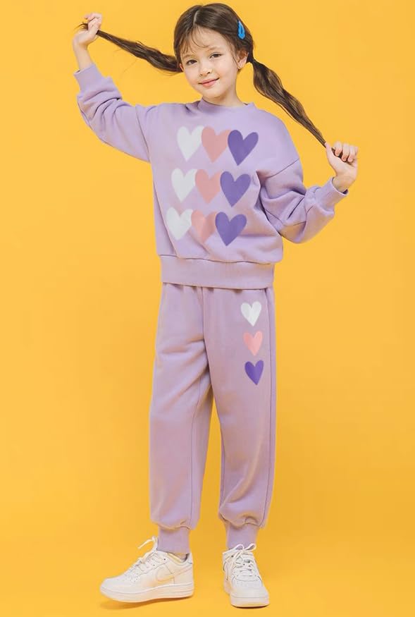 Retsugo Little Girls Heart Outfit Kids Clothes Set Heart Print Holiday Sweatshirt And Sweatpants Toddler Girl Clothes Fall/Winter Girls Purple Outfits Size 7/6784 - Image 2