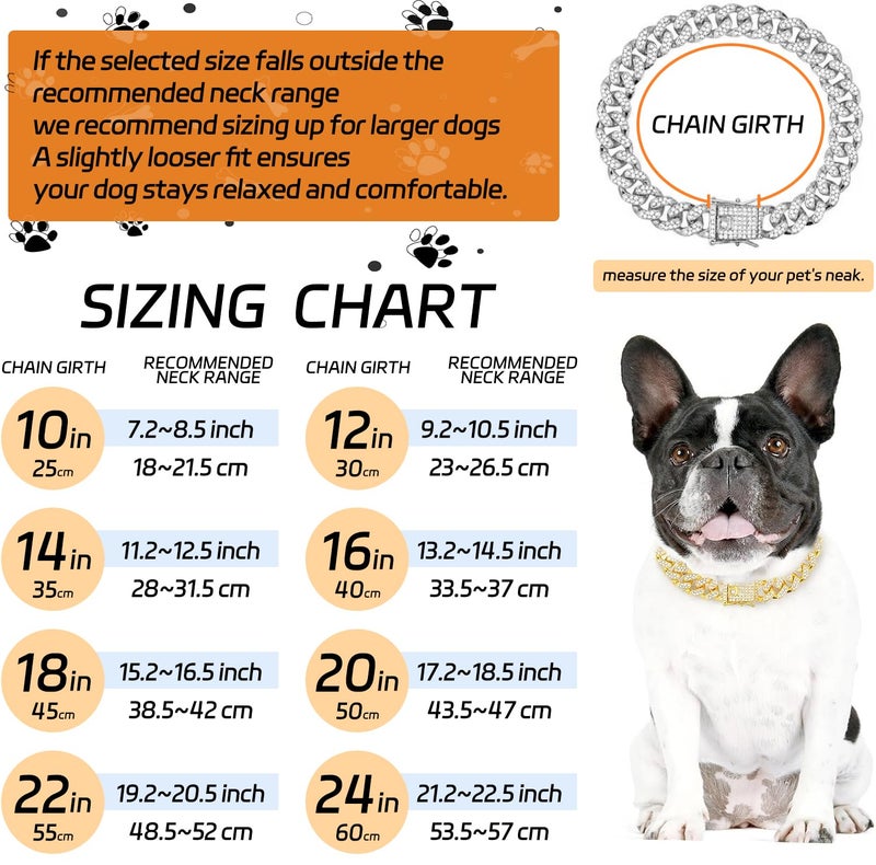 THAMIAO Dog Chain Collar Silver Dog Necklace Diamond Cuban Link Dog Collar 13mm Wide Metal Pet Cat Dog Chain Crystal Collar Jewelry Accessories for Large Medium Small Dogs Cats(Silver,12 Inch) - Image 2