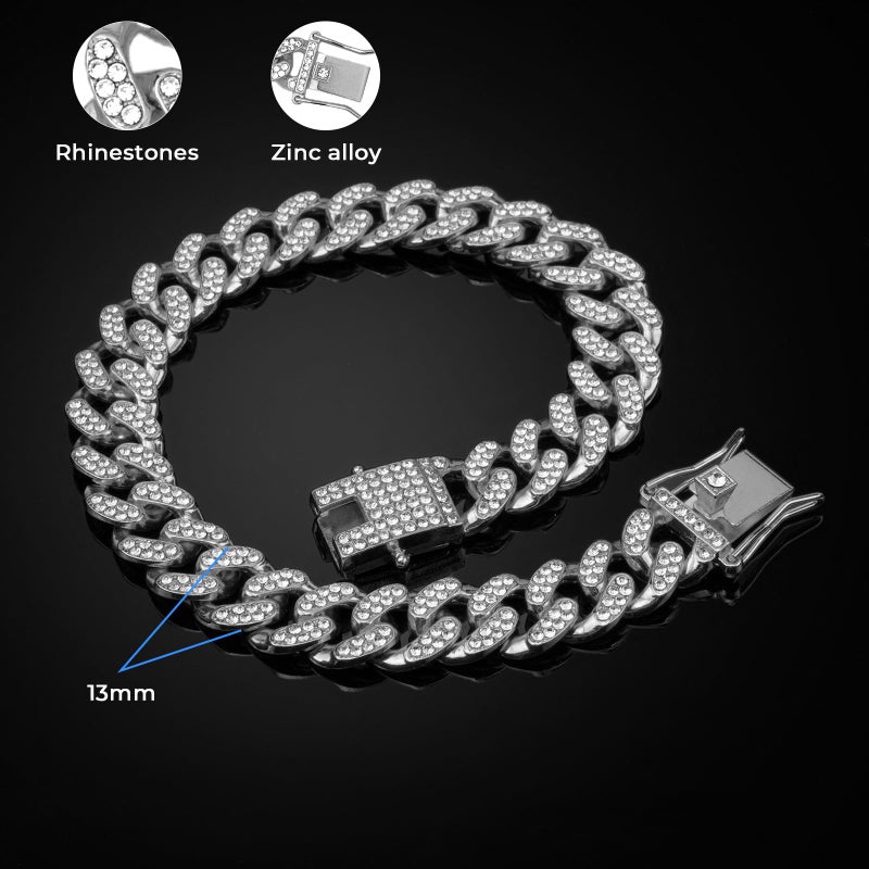 THAMIAO Dog Chain Collar Silver Dog Necklace Diamond Cuban Link Dog Collar 13mm Wide Metal Pet Cat Dog Chain Crystal Collar Jewelry Accessories for Large Medium Small Dogs Cats(Silver,12 Inch) - Image 4