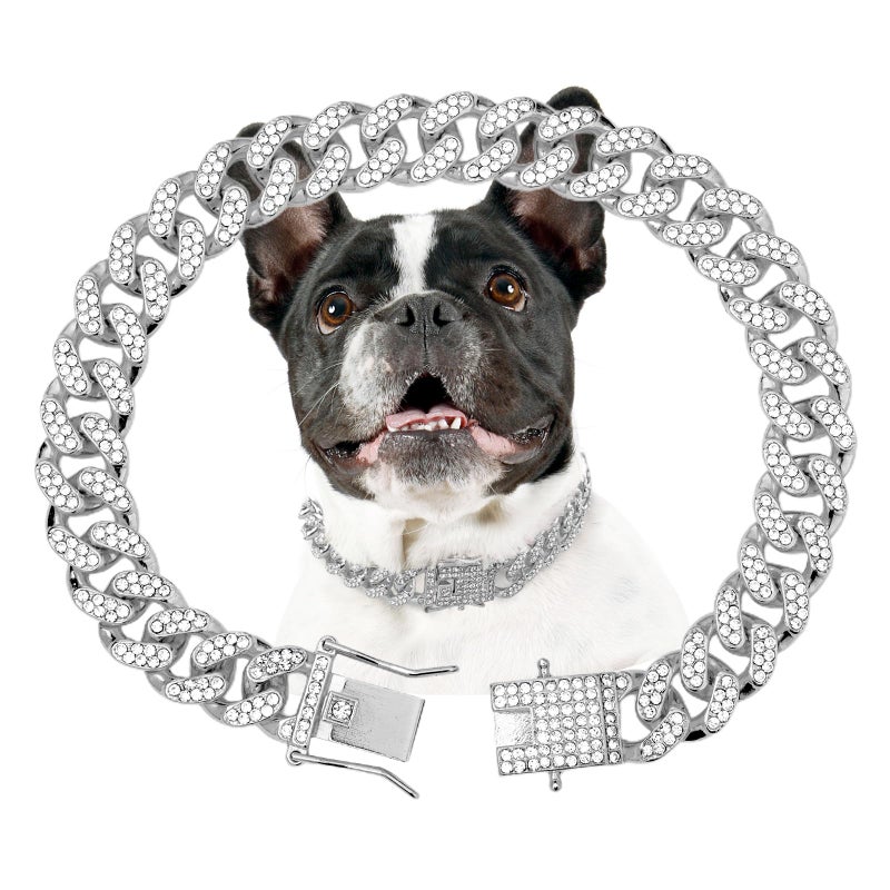 THAMIAO Dog Chain Collar Silver Dog Necklace Diamond Cuban Link Dog Collar 13mm Wide Metal Pet Cat Dog Chain Crystal Collar Jewelry Accessories for Large Medium Small Dogs Cats(Silver,12 Inch) - Image 1