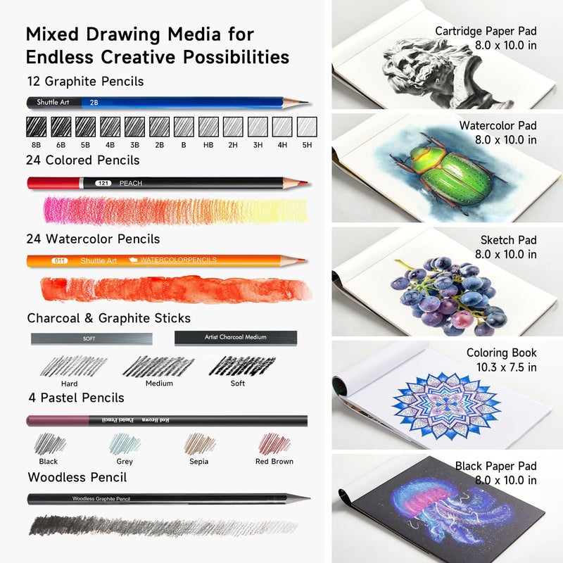 Shuttle Art 124 PCS Drawing Kit, Professional Drawing Supplies with Sketch, Charcoal, Colored, Graphite, Pastel Pencils & Sticks, Complete Drawing Tools and Paper Pads in Zipper Case for Artists&Kids - Image 3