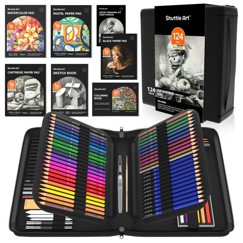 Shuttle Art 124 PCS Drawing Kit, Professional Drawing Supplies with Sketch, Charcoal, Colored, Graphite, Pastel Pencils & Sticks, Complete Drawing Tools and Paper Pads in Zipper Case for Artists&Kids - Image 1