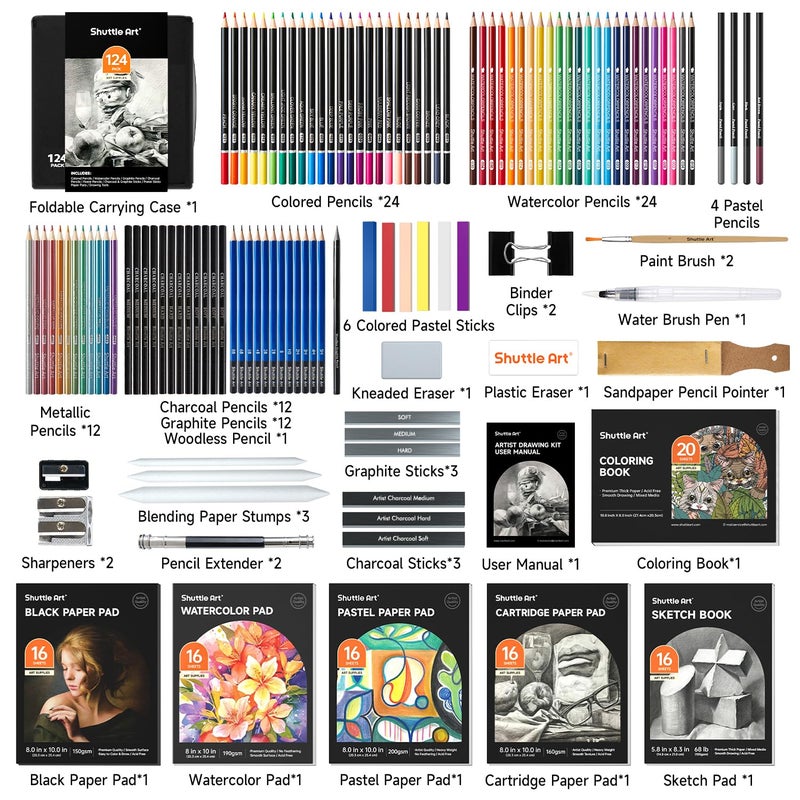 Shuttle Art 124 PCS Drawing Kit, Professional Drawing Supplies with Sketch, Charcoal, Colored, Graphite, Pastel Pencils & Sticks, Complete Drawing Tools and Paper Pads in Zipper Case for Artists&Kids - Image 2