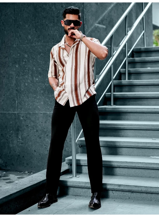 Maniac Mens Barcode Stripes 3/4th Sleeve Brown HoneyComb Fabric Shirt