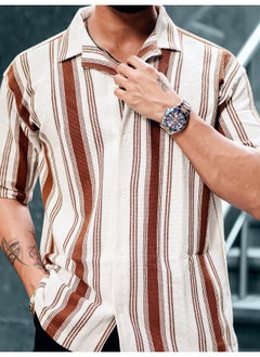Maniac Mens Barcode Stripes 3/4th Sleeve Brown HoneyComb Fabric Shirt  - Image 5