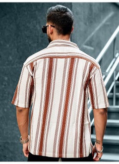 Maniac Mens Barcode Stripes 3/4th Sleeve Brown HoneyComb Fabric Shirt  - Image 4