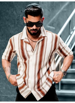 Maniac Mens Barcode Stripes 3/4th Sleeve Brown HoneyComb Fabric Shirt  - Image 2