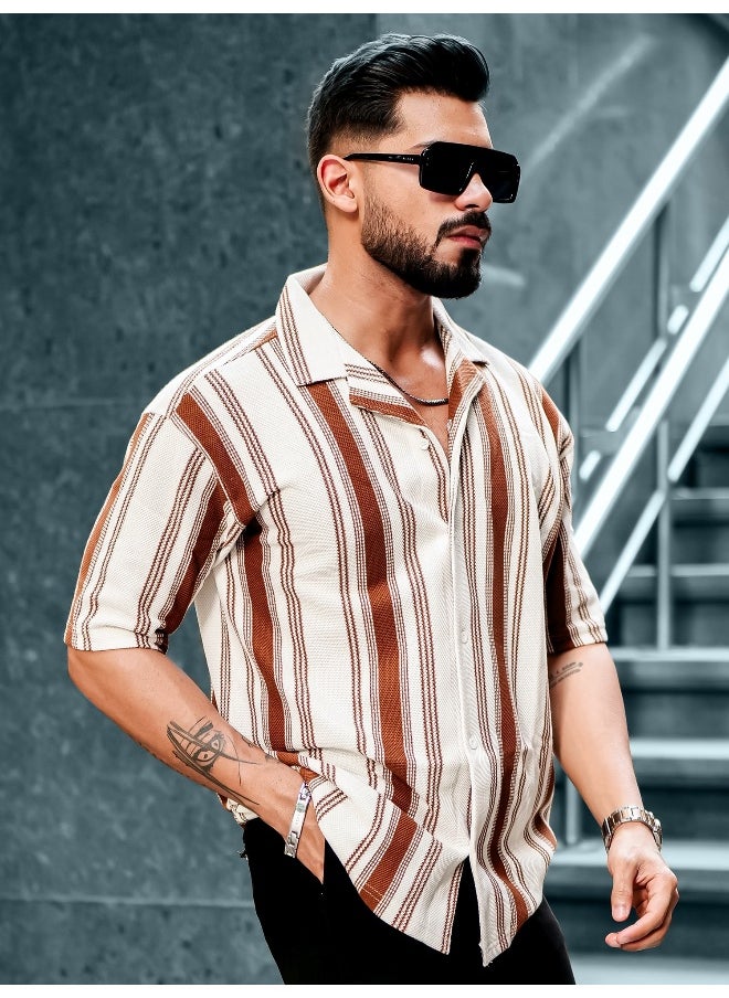 Maniac Mens Barcode Stripes 3/4th Sleeve Brown HoneyComb Fabric Shirt  - Image 3