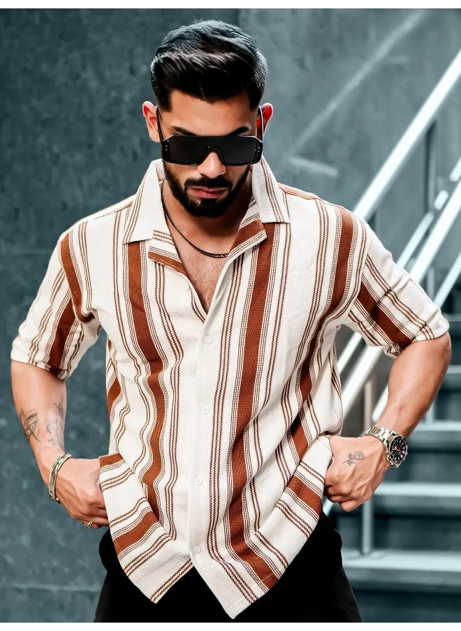 مانياك Mens Barcode Stripes 3/4th Sleeve Brown HoneyComb Fabric Shirt