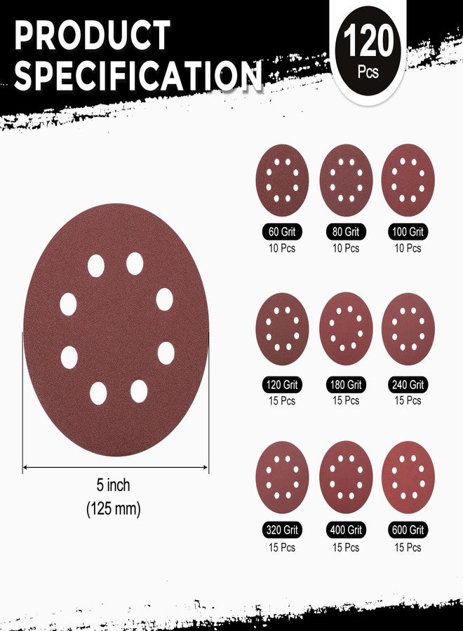 Kozelo 120 Pack Sanding Disc Kit 5 Inch 60/80/100/120/180/240/320/400/600 Grit 8 Hole Hook and Loop Random Orbital Sandpaper for Drywall Sander Wood Metal - Image 2