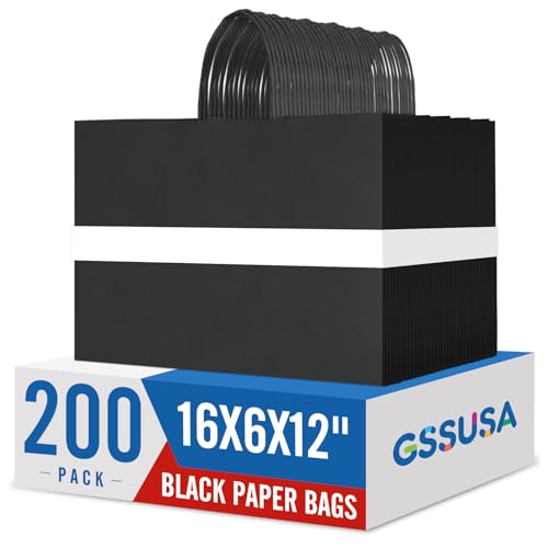 GSSUSA Large Paper Bags with Handles16x6x12 200 Pack, Gift Bag for Small Business, Paper Shopping Bag, Grocery, Food Service Take Out, Large Kraft Paper Bags, Bulk, Black - Image 1