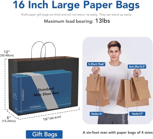 GSSUSA Large Paper Bags with Handles16x6x12 200 Pack, Gift Bag for Small Business, Paper Shopping Bag, Grocery, Food Service Take Out, Large Kraft Paper Bags, Bulk, Black - Image 3