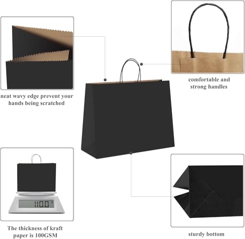 GSSUSA Large Paper Bags with Handles16x6x12 200 Pack, Gift Bag for Small Business, Paper Shopping Bag, Grocery, Food Service Take Out, Large Kraft Paper Bags, Bulk, Black - Image 4