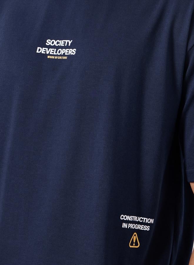 Styli Men Navy Blue Graphic Print Oversized T-Shirt - Image 3