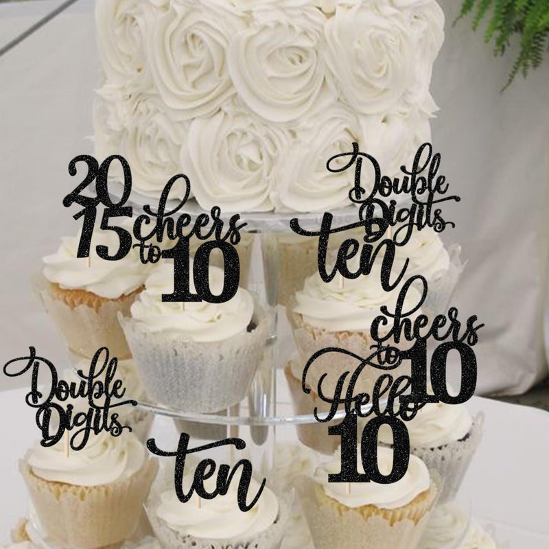 RSSTARXI 30 Pack Glitter 10th Birthday Cupcake Toppers Toppers عشرة أرقام مزدوجة منذ عام 2015 Hello Heaits to 10 years cupcake تختار الديكورات لعيد الميلاد العاشر زخارف كعكة الحفلات الفضية - Image 4