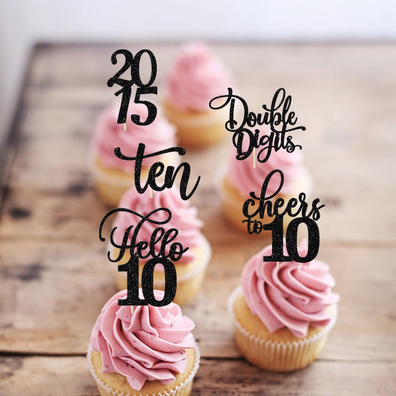 RSSTARXI 30 Pack Glitter 10th Birthday Cupcake Toppers Toppers عشرة أرقام مزدوجة منذ عام 2015 Hello Heaits to 10 years cupcake تختار الديكورات لعيد الميلاد العاشر زخارف كعكة الحفلات الفضية - Image 3