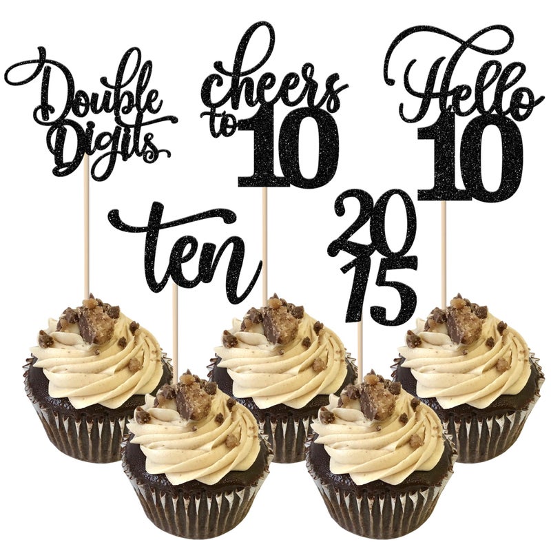 RSSTARXI 30 Pack Glitter 10th Birthday Cupcake Toppers Toppers عشرة أرقام مزدوجة منذ عام 2015 Hello Heaits to 10 years cupcake تختار الديكورات لعيد الميلاد العاشر زخارف كعكة الحفلات الفضية - Image 1