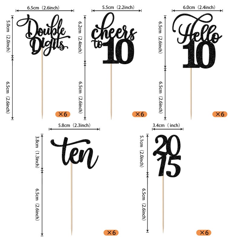 RSSTARXI 30 Pack Glitter 10th Birthday Cupcake Toppers Toppers عشرة أرقام مزدوجة منذ عام 2015 Hello Heaits to 10 years cupcake تختار الديكورات لعيد الميلاد العاشر زخارف كعكة الحفلات الفضية - Image 2