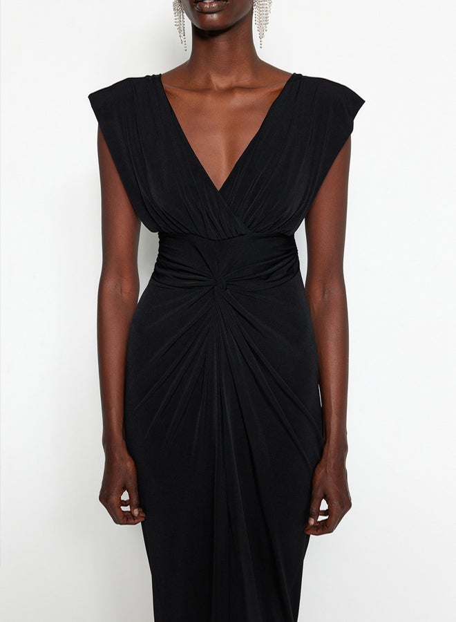 trendyol Black Detailed Knitted Long Elegant Evening Dress  - Image 4