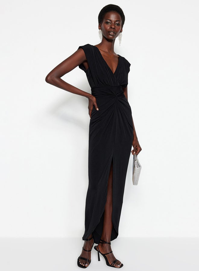 trendyol Black Detailed Knitted Long Elegant Evening Dress  - Image 2