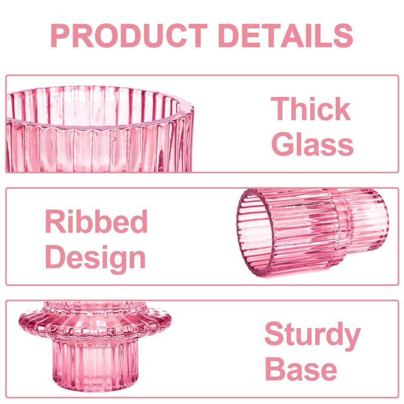 Toptime Candlestick Holders Set of 6, Ribbed Glass Taper Candle Holders, Reversible Pink Tealight & Candle Stick Candle Holder Vintage Crystal Tapered Candlestick for Wedding Dinner Party Festival - Image 4