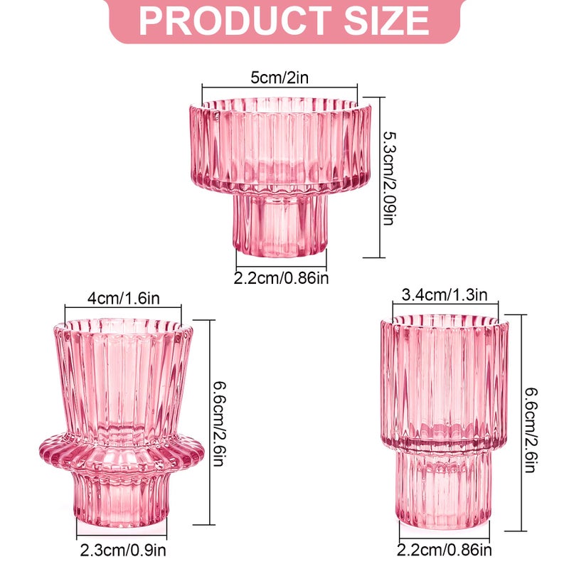 Toptime Candlestick Holders Set of 6, Ribbed Glass Taper Candle Holders, Reversible Pink Tealight & Candle Stick Candle Holder Vintage Crystal Tapered Candlestick for Wedding Dinner Party Festival - Image 2