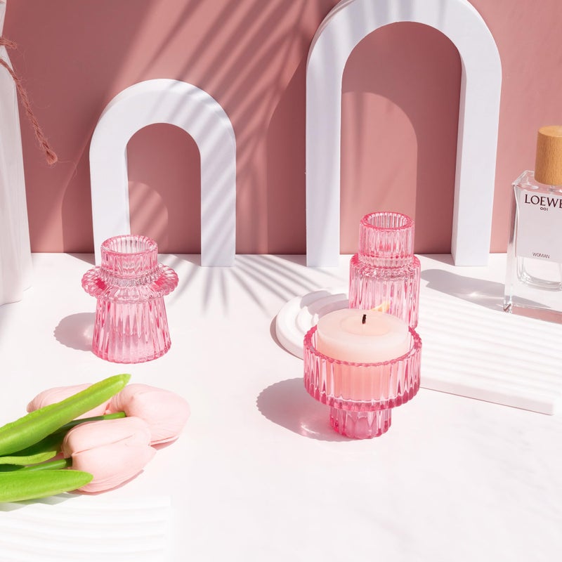 Toptime Candlestick Holders Set of 6, Ribbed Glass Taper Candle Holders, Reversible Pink Tealight & Candle Stick Candle Holder Vintage Crystal Tapered Candlestick for Wedding Dinner Party Festival - Image 3