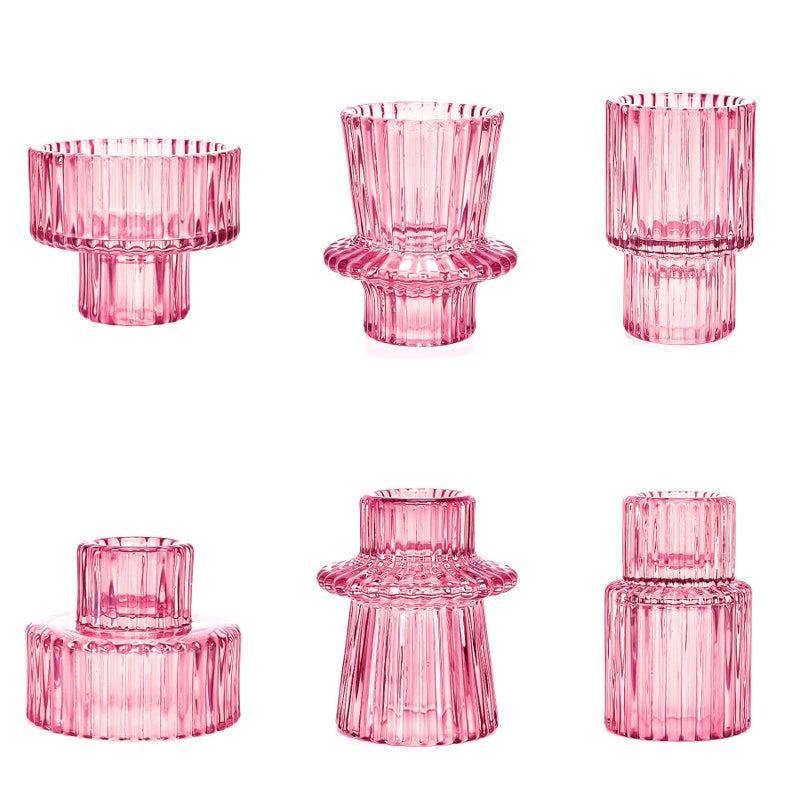 Toptime Candlestick Holders Set of 6, Ribbed Glass Taper Candle Holders, Reversible Pink Tealight & Candle Stick Candle Holder Vintage Crystal Tapered Candlestick for Wedding Dinner Party Festival - Image 1
