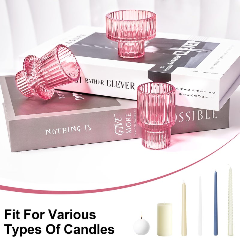 Toptime Candlestick Holders Set of 6, Ribbed Glass Taper Candle Holders, Reversible Pink Tealight & Candle Stick Candle Holder Vintage Crystal Tapered Candlestick for Wedding Dinner Party Festival - Image 5