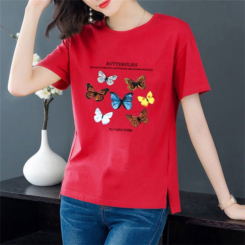 [100 Cotton] Summer Cotton Round Neck Short-sleeved T-shirt Casual Loose Korean Printed Pullover Base Shirt T-shirt for Women White