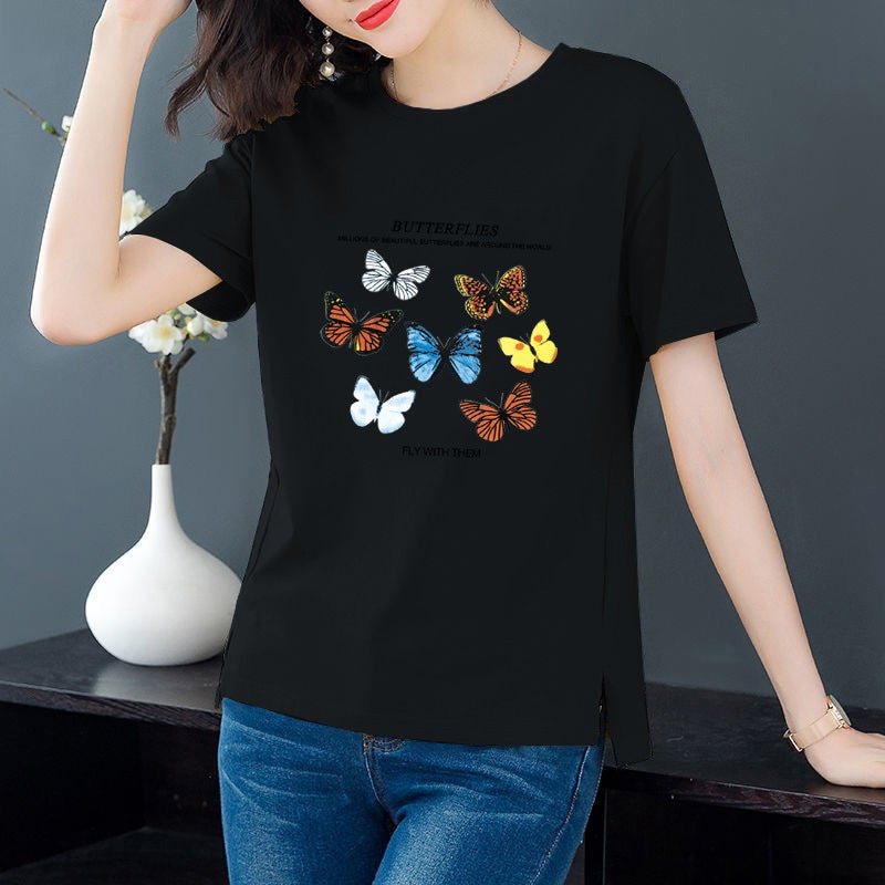 [100 Cotton] Summer Cotton Round Neck Short-sleeved T-shirt Casual Loose Korean Printed Pullover Base Shirt T-shirt for Women White