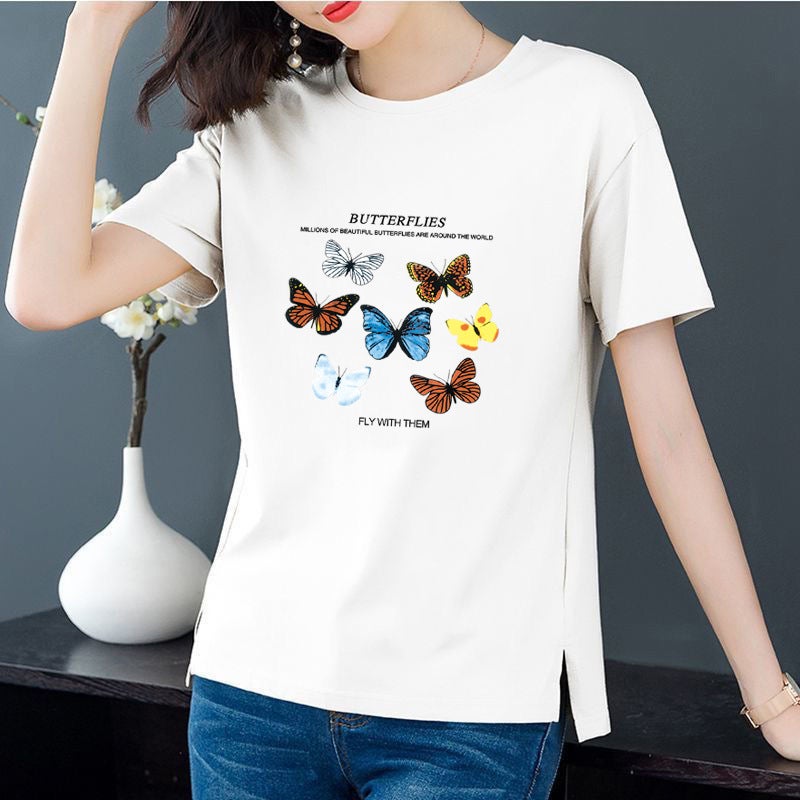 [100 Cotton] Summer Cotton Round Neck Short-sleeved T-shirt Casual Loose Korean Printed Pullover Base Shirt T-shirt for Women White
