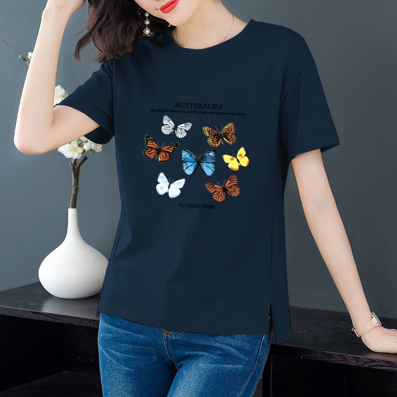 [100 Cotton] Summer Cotton Round Neck Short-sleeved T-shirt Casual Loose Korean Printed Pullover Base Shirt T-shirt for Women White