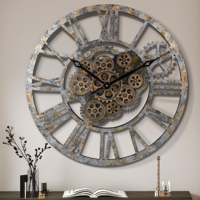 23 INCH REAL MOVING GEAR WALL CLOCK STEAMPUNK WOODEN LARGE WALL CLOCK FOR LIVING ROOM DECOR FARMHOUSE