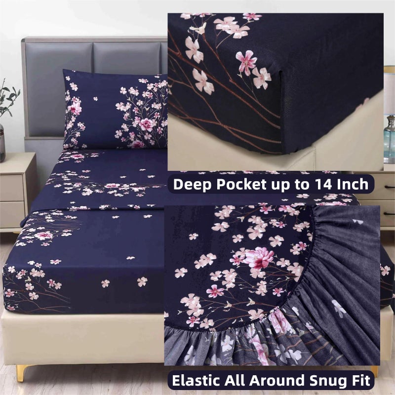 SDIII 4PCS Navy Blue Floral Queen Sheets Set, Soft Microfiber Floral Bed Sheets Queen Size Deep Pocket, Vintage Botanical Sheet All Season - Image 4