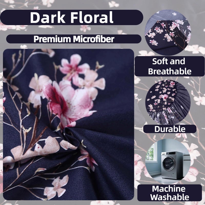 SDIII 4PCS Navy Blue Floral Queen Sheets Set, Soft Microfiber Floral Bed Sheets Queen Size Deep Pocket, Vintage Botanical Sheet All Season - Image 3