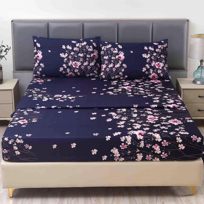 SDIII 4PCS Navy Blue Floral Queen Sheets Set, Soft Microfiber Floral Bed Sheets Queen Size Deep Pocket, Vintage Botanical Sheet All Season - Image 1