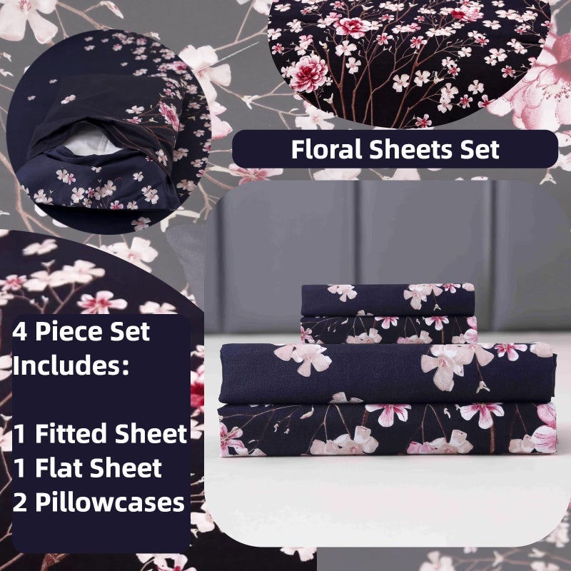 SDIII 4PCS Navy Blue Floral Queen Sheets Set, Soft Microfiber Floral Bed Sheets Queen Size Deep Pocket, Vintage Botanical Sheet All Season - Image 2