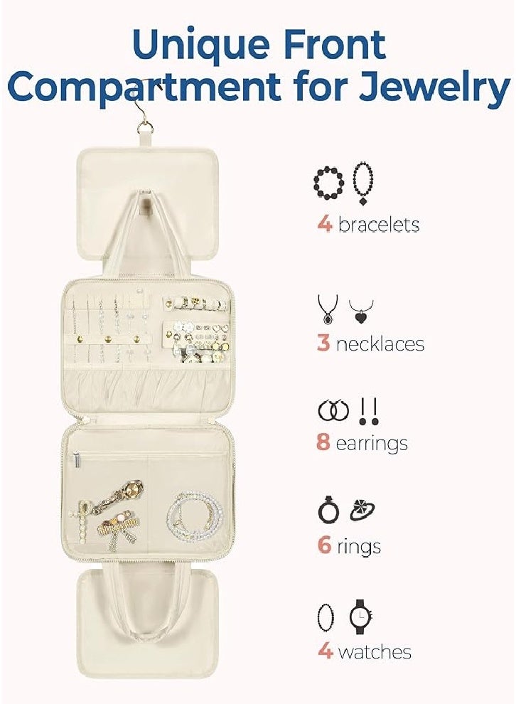 High-end stylish hanging toiletry bag, with jewelry organizer, travel toiletry bag, fluffy cosmetic bag, essential portable travel accessory - beige - Image 2