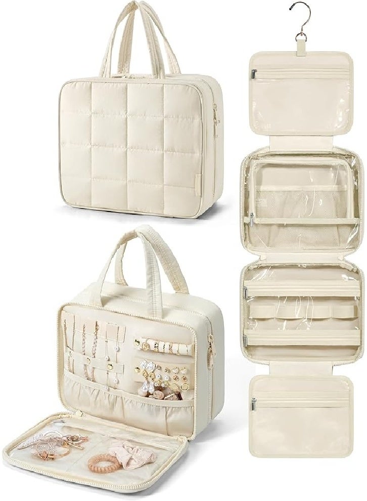 High-end stylish hanging toiletry bag, with jewelry organizer, travel toiletry bag, fluffy cosmetic bag, essential portable travel accessory - beige - Image 1