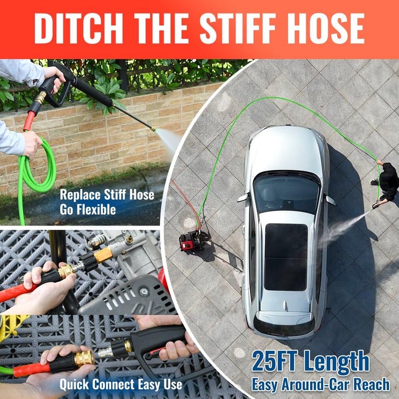 YAMATIC Super Flexible Pressure Washer Hose 25FT for Power Washer Replacement, Kink Resistant Extension With Leak-Free M22-14mm Female & 3/8" Quick Connect Adapters, 1/4" 3200 PSI, Green - Image 3