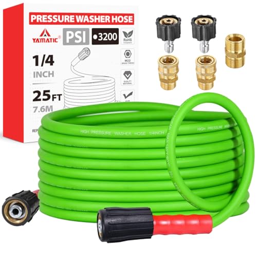 YAMATIC Super Flexible Pressure Washer Hose 25FT for Power Washer Replacement, Kink Resistant Extension With Leak-Free M22-14mm Female & 3/8" Quick Connect Adapters, 1/4" 3200 PSI, Green - Image 1