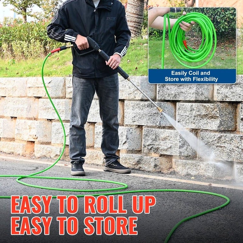 YAMATIC Super Flexible Pressure Washer Hose 25FT for Power Washer Replacement, Kink Resistant Extension With Leak-Free M22-14mm Female & 3/8" Quick Connect Adapters, 1/4" 3200 PSI, Green - Image 4