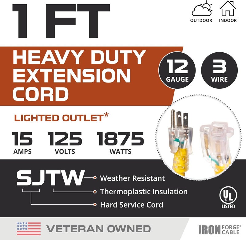IRON FORGE CABLE 1 Foot Lighted Outdoor Extension Cord - 12/3 SJTW Heavy Duty Yellow Extension Cable with 3 Prong 15 AMP Grounded Plug for Safety - Image 3